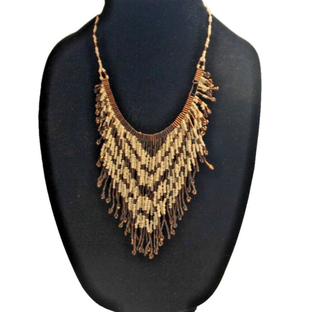 Vintage Multi Strand Fringed Seed Bead Bib Necklace in Earthy Tones